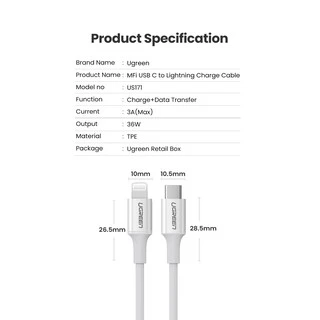 Ugreen สายชาร์จ Fast Charging สําหรับ iPhone X XS XR 8 7 20W 1M iPhone 14/14 Pro/Pro Max