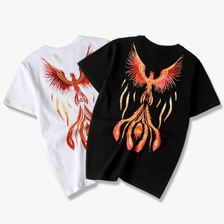 【Hot】เสื้อยืดลําลองแฟชั่นสําหรับผู้ชายแขนสั้นพิมพ์ลาย Fire Phoenix สไตล์จีน