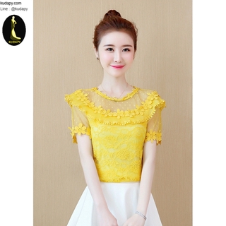 เสื้อลูกไม้สีเหลือง ผ้าลูกไม้เนื้อนิ่มมากๆๆ ยืดหยุ่นได้ดีค่ะ