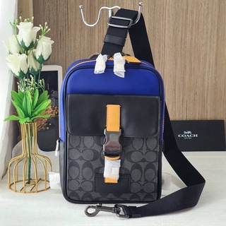 (ผ่อน0%) TRACK PACK IN SIGNATURE CANVAS (COACH C6646) กระเป๋าคาดอก คาดหลัง ชาย รุ่นใหม่ สายสปอร์ต ลายซี สีเทา น้ำเงิน