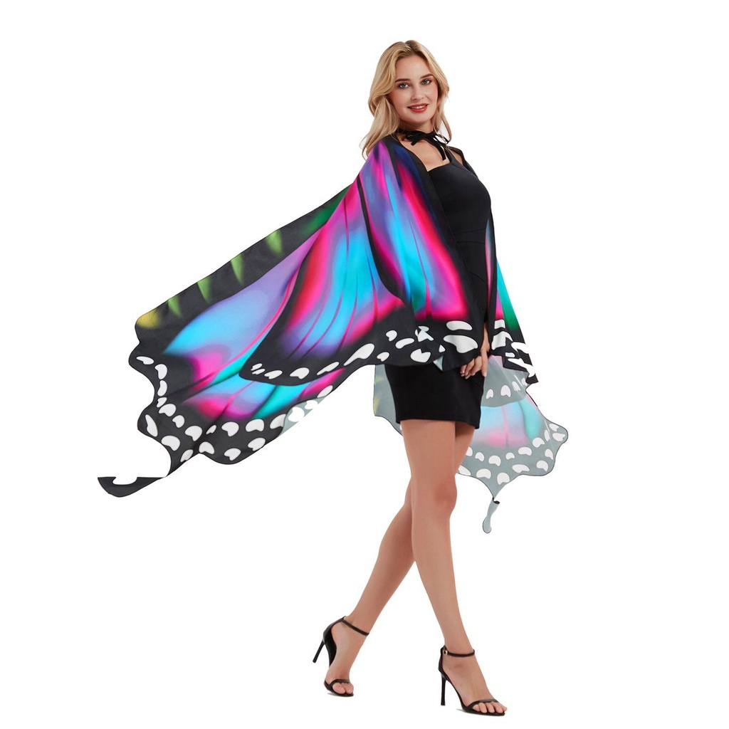 Women's Butterfly Wing Cape Shawl - Fairy Costume Accessory For Halloween, Cosplay, & Parties (Comes With Hair Clips)