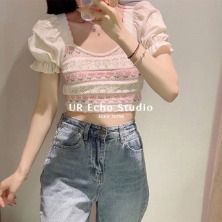 เสื้อยืดแขนสั้น แขนพัฟ เอวสูง ผ้าถัก ปักลายดอกไม้ แฟชั่นฤดูร้อน