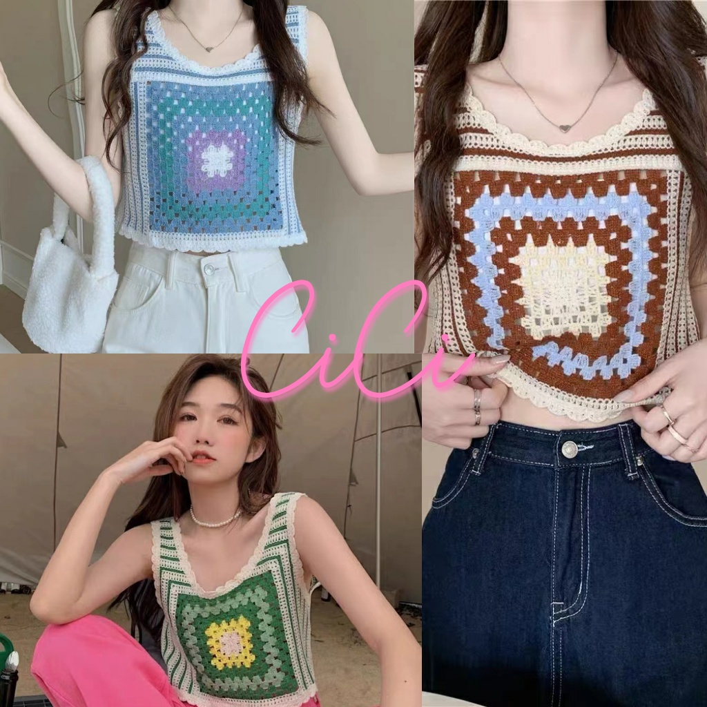 Cici พร้อมส่ง (NO.A563)สายเดี่ยวครอปผ้าถัก ลายทาง ทอสีสลับ จับแมทซ์กับคู่ไว้ก็น่ารัก มินิมอลสุด