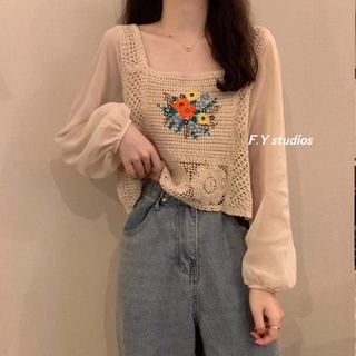 𝙁.𝙔 𝙨𝙩𝙪𝙙𝙞𝙤𝙨 🌟 พร้อมส่ง🌟 NO.157 ☆NEW ARRIVALS ☆เสื้อคอยูแขนยาวผ้าชีฟอง เย็บติดกับเสื้อกั๊กผ้าทอลายดอกไม้ น้อนน่าร้ากกก