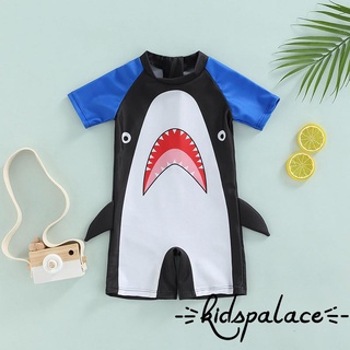 BbQ-Boys Cartoon Shark Swimwear, Blue Patchwork Short Sleeve One-piece Bathing Suit, 9 Months-4 Years