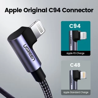 Ugreen สายเคเบิลไนล่อนถัก มุมขวา 90 องศา 3A MFI USB-C เป็น Lightning สําหรับ iPhone 13 12 11 8 Pro Max iPhone 14 14 Max 14 Pro Pro Max