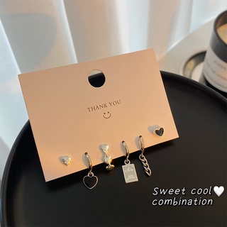 925 Silver Needle Black Love Stud Earrings Chain Cherry Ear Buckles Ladies New Suit Advanced Ins Cold Wind Simple Daily Earrings