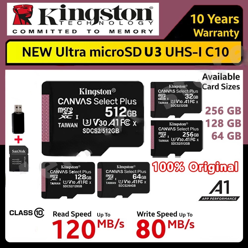 Kingston SD Card Micro Sd Card Memory Card Class 10 120MB/s 64G/256GB/128GB/512GB TF Card For CCTV Dashcam+ Freebies