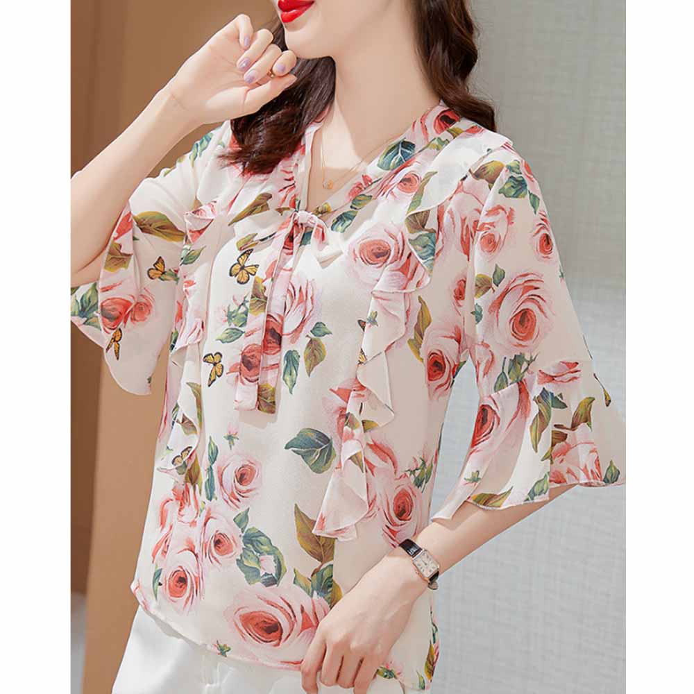 เสื้อชีฟอง ลายพิมพ์ดอกกุหลาบ MX8884 เนื้อผ้าเบา สบาย ใส่ได้หลายโอกาส มี 2 สี คือ สีฟ้า และ สีขาว