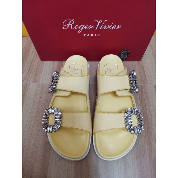 Roger Vivier Yellow Slidy Viv' Strass Buckle Mules in Leather[SALE]