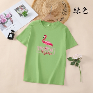 ใหม่เสื้อยืดลําลองสําหรับ Unisex แขนสั้นคอกลมพิมพ์ลายการ์ตูน Flamingo