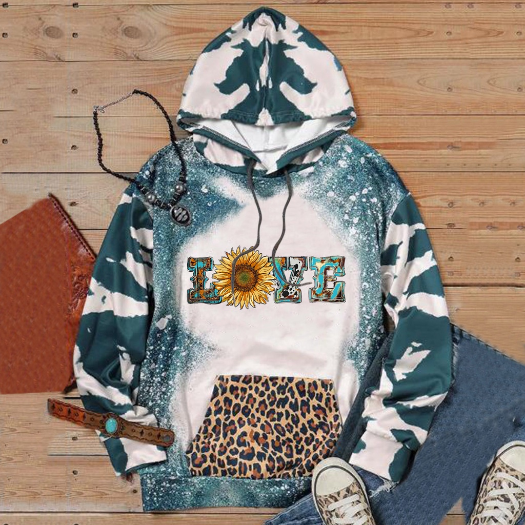 cocoday  Women Tie Dye Casual Patchwork Sunflower Print Hooded Sweatshirt With Pockets Leopard Hoodie #6