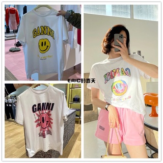 Ganni เสื้อยืดคอกลม แขนสั้น พิมพ์ลายการ์ตูนกระต่าย หน้ายิ้ม หลากสี สําหรับผู้ชาย และผู้หญิง