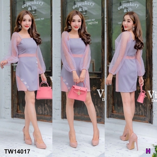 J14017 Dress เดรส แขนยาว ผ้าแก้วจุดซีทรู Dress with long sleeves, see-through point glass fabric