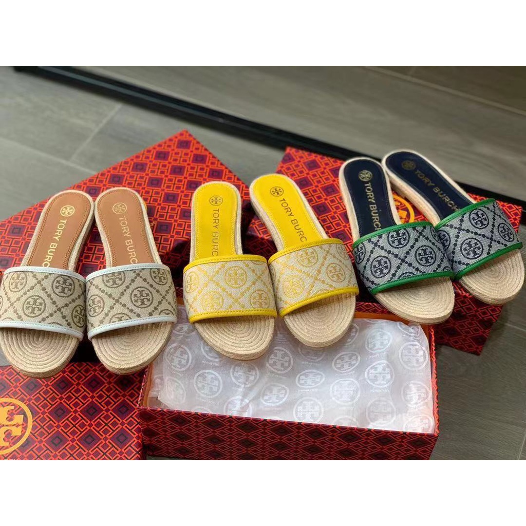 new}【New Arrival！！】Tory Burch Lady's 2021 Counter Lastest T Monogram  braided jacquard classic pattern slippers irei | Shopee Thailand