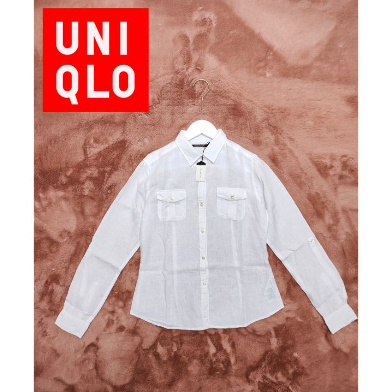 Uniqlo Premium linen เสื้อเชิ้ตสีขาว แขนยาว พร้อมส่ง