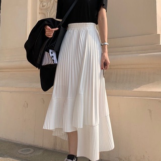 Fulllove white black pleated asymmetric skirt กระโปรงพลีทสีขาวดำ กระโปรงสาว เอวยางยืด