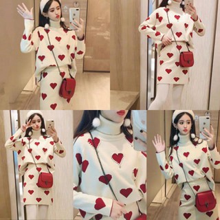 ❤❤💋💋 New arrivals sweet big hearts set ชุดเซ็ท 2 ชิ้น ผ้าไหมพรมนิตต์ งานเลียบแบบแบรนด์เกาหลีงานทอหัวใจทั้งชุด แต่งมุก