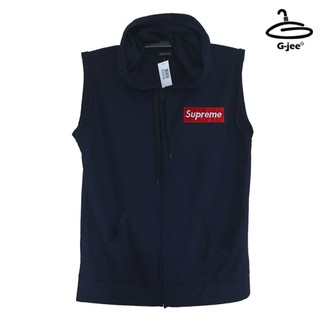 เสื้อแขนกุดผู้ชายมีฮูดสีกรมท่าลาย supreme มีซิปหน้า Freesize F1Cs01-0494