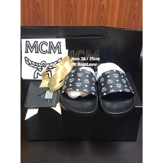 รองเท้าแตะ MCM ไซส์ 38/25 สีดำ พิมพ์ลายสีขาว Visetos Print  Rubber Slides