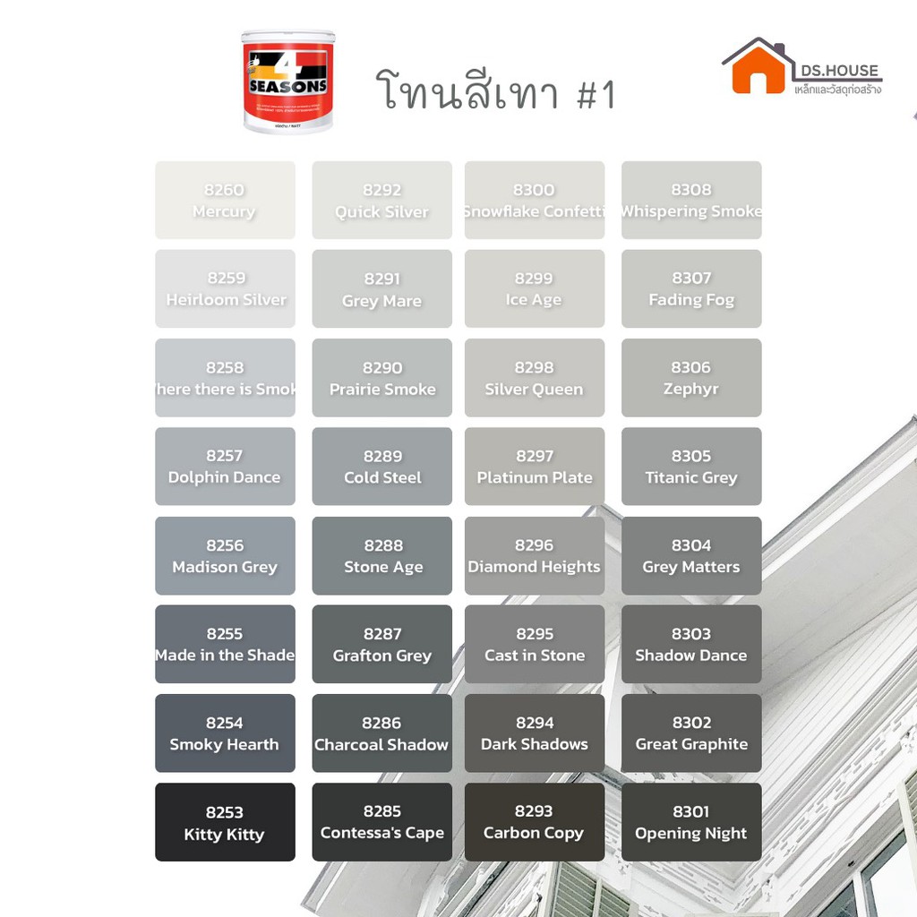 (1Quart) สีน้ำอะคริลิค100% โฟร์ซีซันส์ ภายนอก โทนสีเทา #1