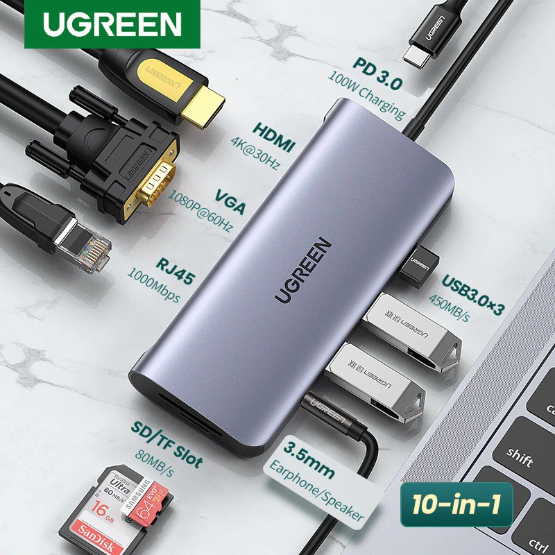 Ugreen 10 in 1 USB C Adapter Hub Gigabit Ethernet 8K 4K HDMI VGA SD TF reader USB 3.0 3.5mm Audio