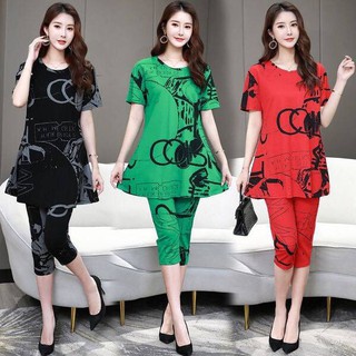ชุดเซท 2 ชิ้น เสื้อคอกลมแขนสั้น + กางเกงขาสามส่วน ใส่สบาย ทรงสวย