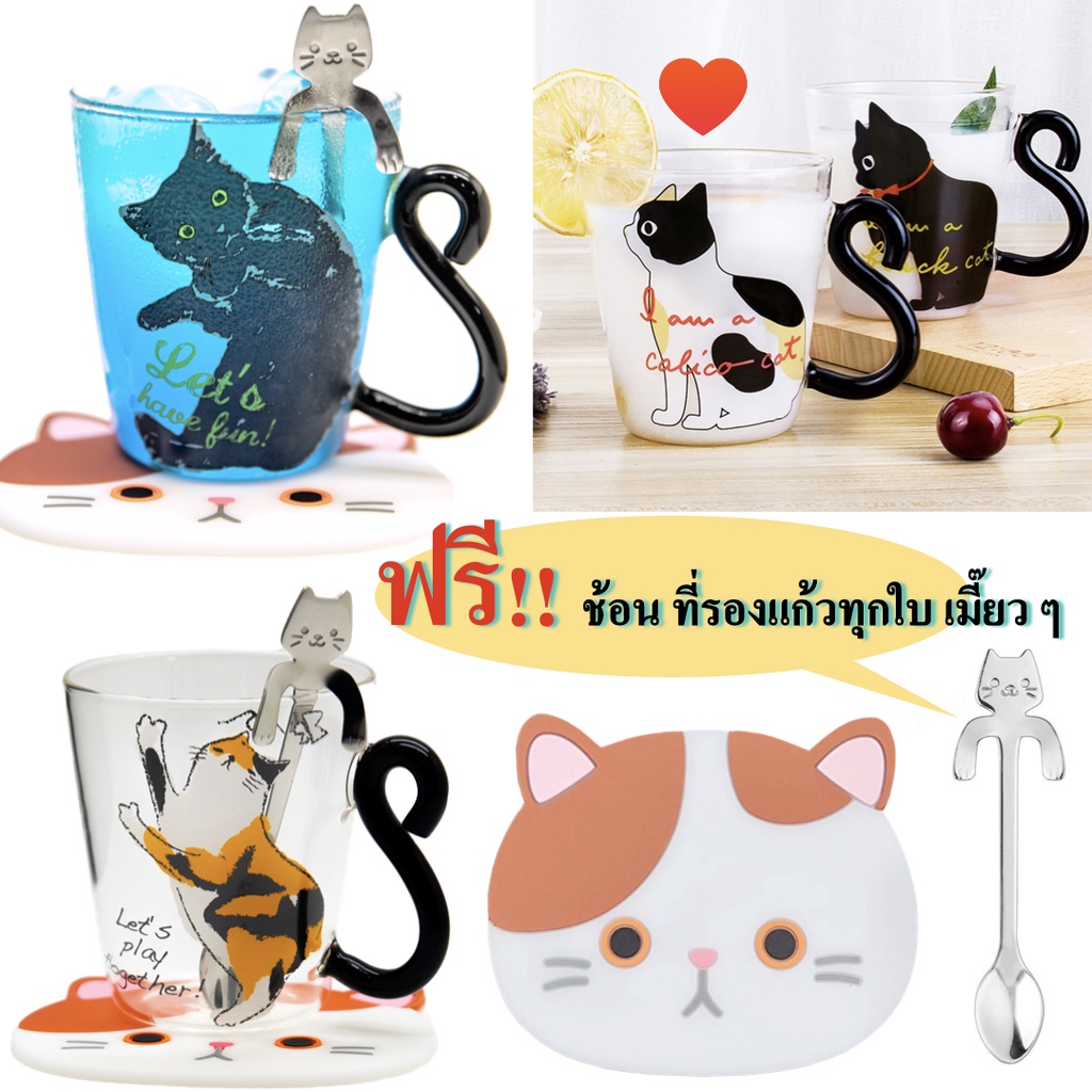 แก้วน้องแมวแบบใสเข้าไมโครเวฟได้ สไตล์ญี่ปุ่น ดีไซน์เก๋ แถมฟรีช้อนและที่รองแก้วน้องแมว,แก้วแมว แบบใส ส่งจากไทย