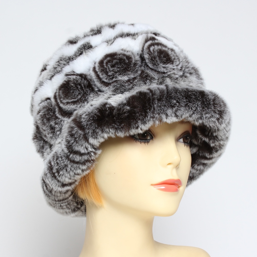 Winter Women Luxury Flowers Natural Real Rex Rabbit Fur Caps Lady ...