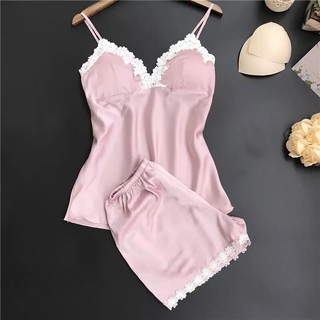 Hot Womens pajamas two pieces sexy nightdress ชุดนอนเซ็กซี่ กระโปรง ผ้าซาติน ถูกที่สุด blouse+pants silk sleepwear