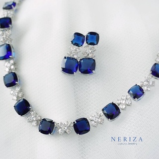 Neriza Jewelry/ชุดเครื่องประดับเพชรสังเคราะห์ สร้อยคอพร้อมต่างหูเพชรรอบคอ จัดส่งฟรี เครื่องประดับเจ้าสาว ไพลิรหัส NZC006