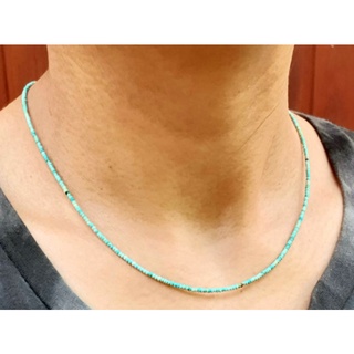 สร้อยคอ หินเทอร์ควอยส์ หินแท้ธรรมชาติ ทรงกลม เงินแท้ 925 Natural Turquoise Rondelle Seed Beads Necklace Handmade Jewelry