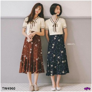 TwinsShopVip💗พร้อมส่ง TW4960 Set เสื้อไหมพรม+กระโปรงลายดอก