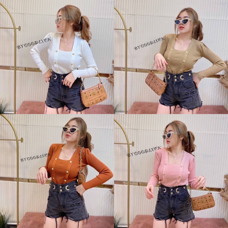 MesubShop เสื้อคอเหลี่ยม แขนยาว กระดุมทอง เสื้อไหมพรม รางวัล B-011-1-B