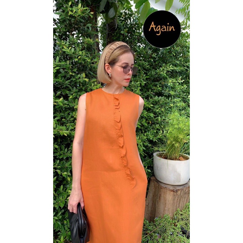 เดรสคอกลมแขนกุดผ้าลินินแท้ป้าย again