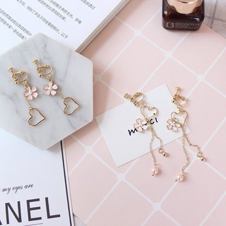 Korea Cute Heart Sakura Clip Earrings : ต่างหูหนีบ ตุ้มหูหนีบ เกาหลี ซากุระ &amp; หัวใจ น่ารัก