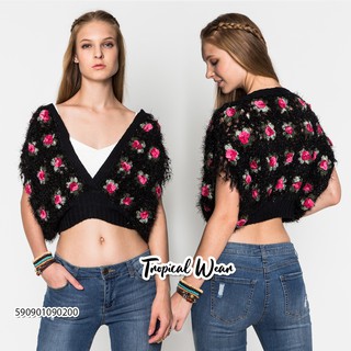 tropical wear  เสื้อคร็อปคาร์ดิแกน Metallic Yarn Rose Wrap-Over