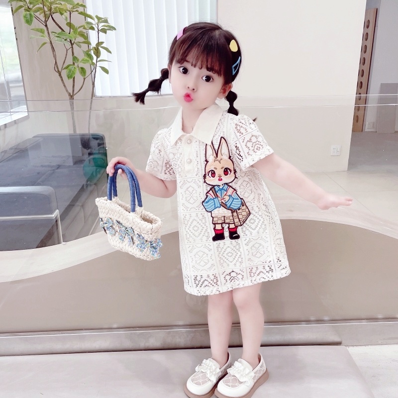 ชุดเด็กผู้หญิง เดรสแขนพองลายการ์ตูน ชุดเจ้าหญิงแขนสั้น เดรสลูกไม้สีขาว ลายการ์ตูนกระต่ายน่ารัก