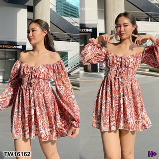 TwinsShopVip💗พร้อมส่ง TW16162 เดรสสั้น น่ารักแขนยาว อกยางยืดมีโบว์ไว้ผูกน่ารักๆ