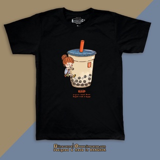 เสื้อยืดพรีเมียมสีดำลายชานมไข่มุกชายและหญิง Black premium cotton 100 T-shirt Boba Girl&amp;Boy Tea