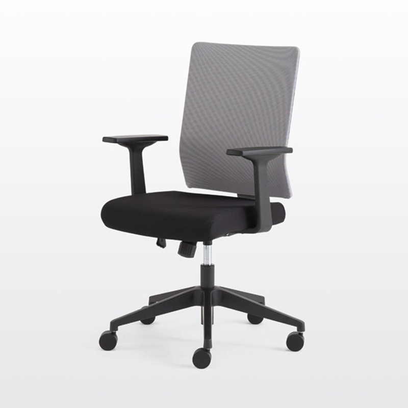 Modernform เก้าอี้สำนักงาน รุ่น PI เก้าอี้พนักพิงกลาง แขนปรับไม่ได้ ขาไนลอน เบาะผ้าดำ พนักหุ้มผ้าตาข่ายเทา
