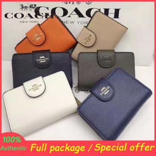 Outlet ของแท้ 🎀 COACH 6390 C0082 กระเป๋าสตางค์ผู้หญิงแบบสั้น/ขาวดำ ซิป กระเป๋าใส่เหรียญ กระเป๋าสตางค์แบบพับหนัง