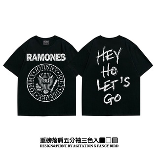 เสื้อยืดสีขาว❁▤Ramones American rock punk fall shoulder heavy loose five-point sleeve oversize เสื้อยืดผู้ชายS-4XL