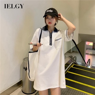 IELGY เสื้อโปโล แขนสั้น สีตัดกัน สําหรับผู้หญิง