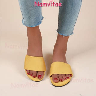 Namvitae รองเท้าแตะ หนัง PU หัวกลม กันลื่น ทนต่อการสึกหรอ แฟชั่นสําหรับผู้หญิง