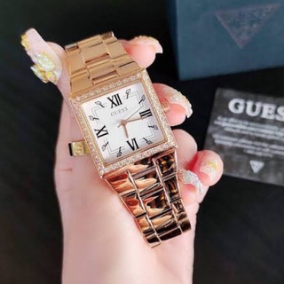 (ผ่อน0%) นาฬิกา Guess Crystals Rose Gold Stainless Steel Bracelet หน้าปัดสี่เหลี่ยม ล้อมคริสตัล 28 mm. สแตนเลสสีโรสโกลด์