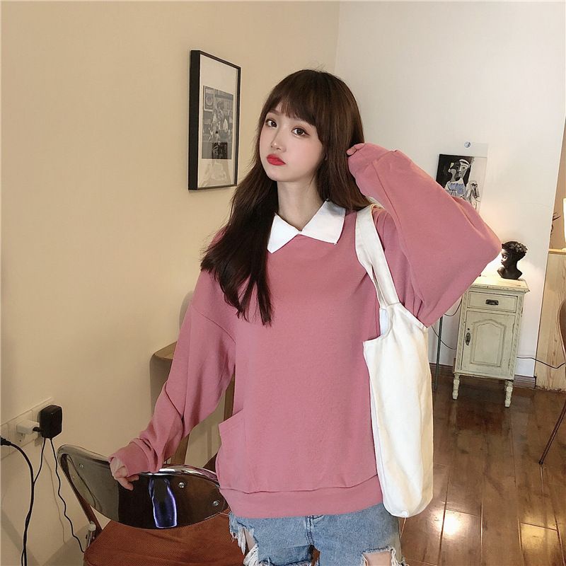 KEMEJA นําเข้าเสื้อสีชมพูยาวสําหรับผู้ใหญ่ / TEENAGE TOP SWETER COLLAR SHIRT / PINK SWEAT SHIRT สําห
