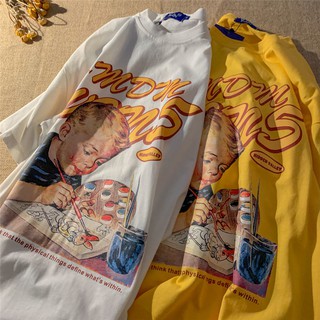 2021 Summer new Korean version of loose-fitting oil painting boy short-sleeved T-shirt schoolgirl American retro couple