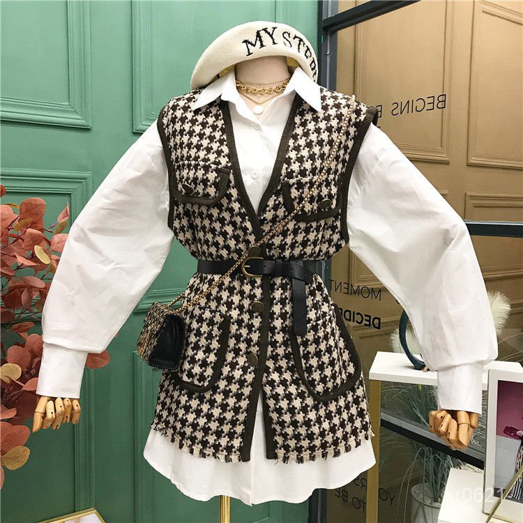 ♥S MissPrivate Customization♥【Existing】New Waisted Long-Sleeved Shirt+Houndstooth Vest Coat Two-Piec