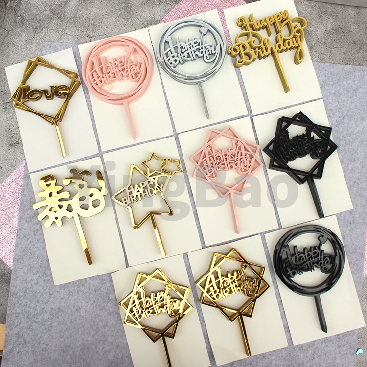 10ชิ้น/เซ็ตขนาดใหญ่อะคริลิสุขสันต์วันเกิดเค้ก ที บน วันเกิดพรรคเค้กตกแต่งทองเงินสีดํากุหลาบทอง ราคา ถูกที่สุด ดีลบีเคเค